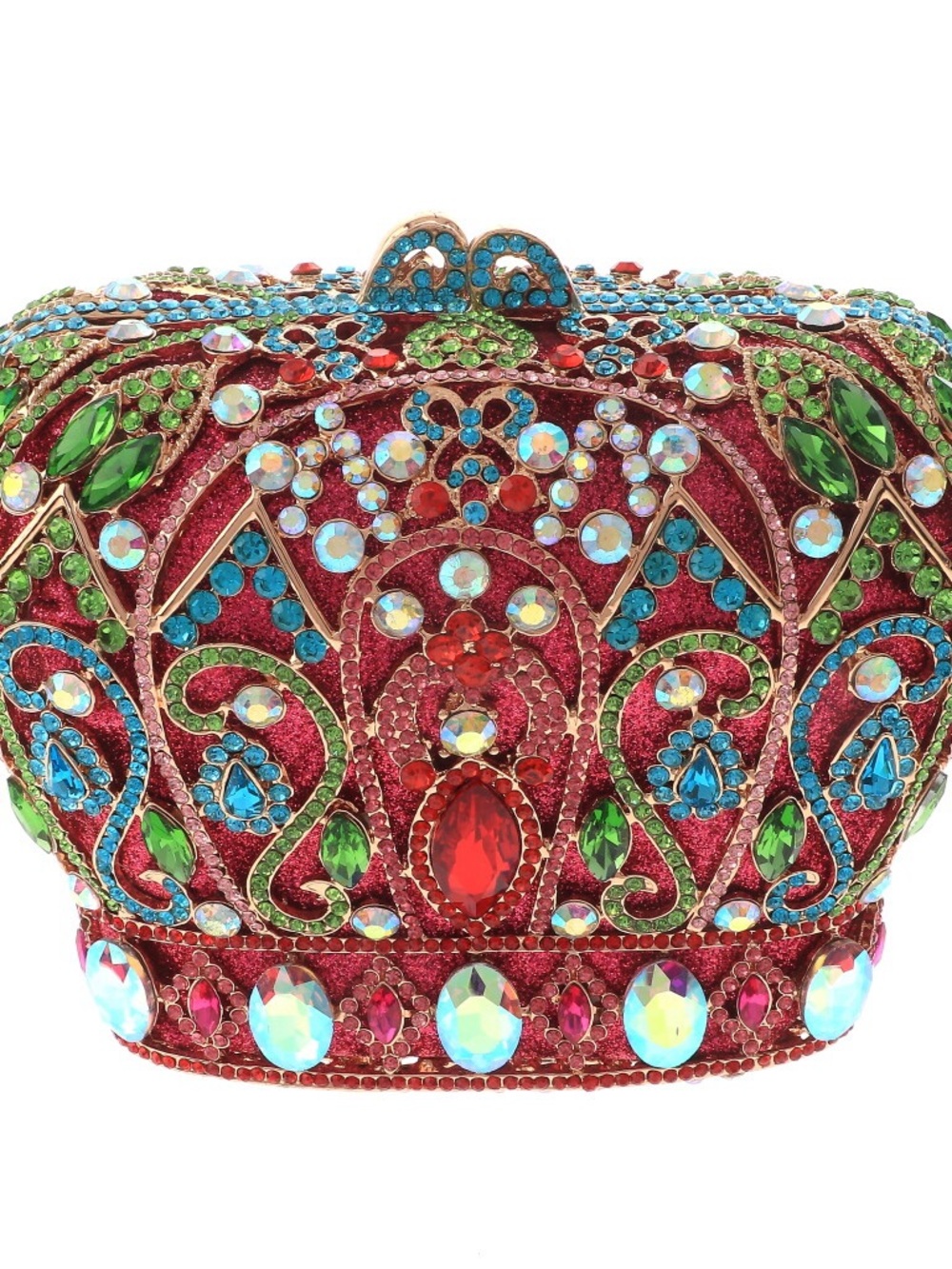 Jeweled Red Crown Clutch with Multicolored Gem Accents